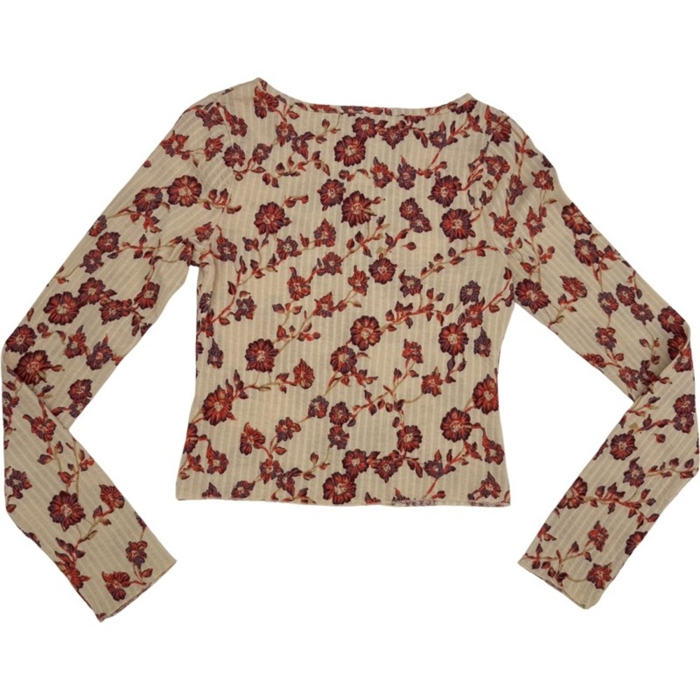 FREE PEOPLE NWOT XS Button Front Top Orange Floral Ribbed Cotton Boho Indie - Picture 9 of 13